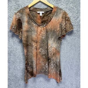 VTG Dressbarn Petit Large Top Orange Brown Floral Y2k Sparkle Boho Fairy Stretch